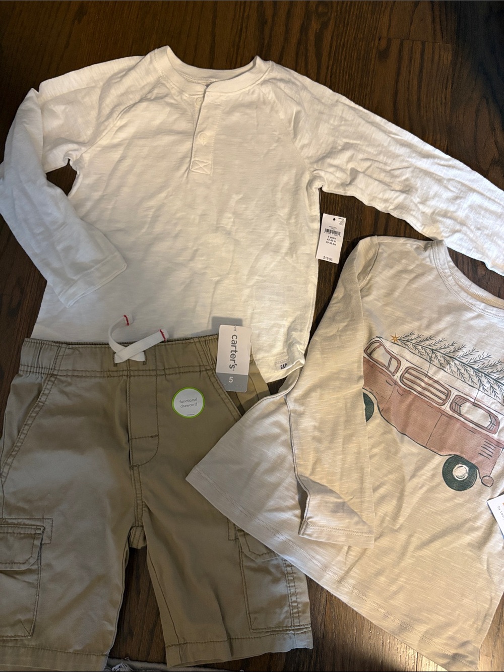 NWT 3 pieces- Carter's White Long-Sleeve Henley Top with new shorts , and shirt